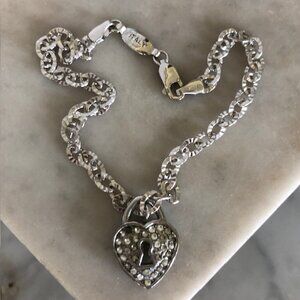 Italian Bracelet with Heart Keyhole Rhinestone Charm Silver